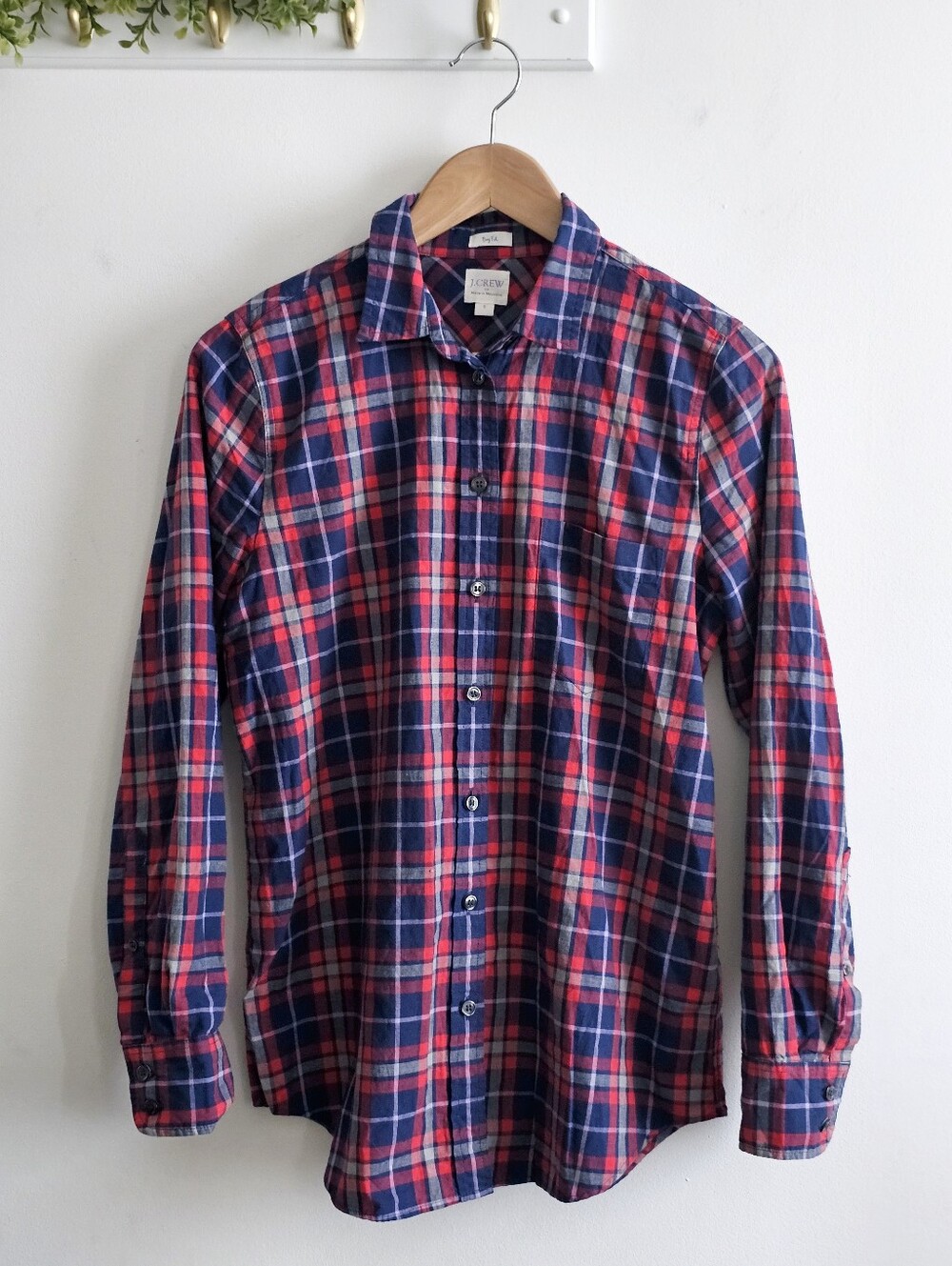 J.Crew Boy Fit Women's Plaid Button Front Shirt Red Blue 100% Cotton Size S